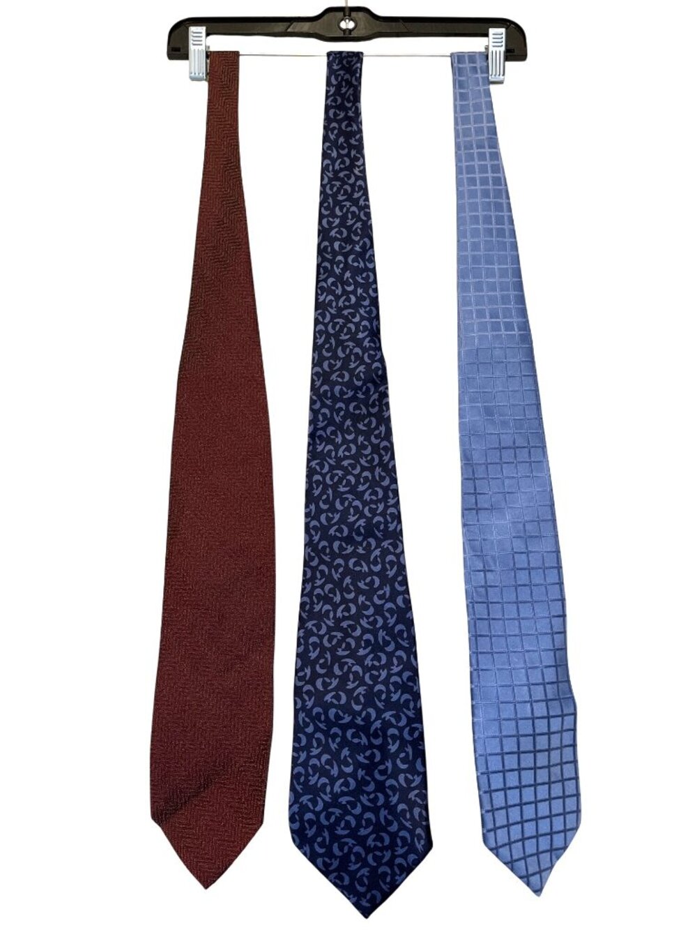Lot Of 3 DKNY & Donna Karan New York Silk Ties Blue Grid Navy Pattern Burgundy